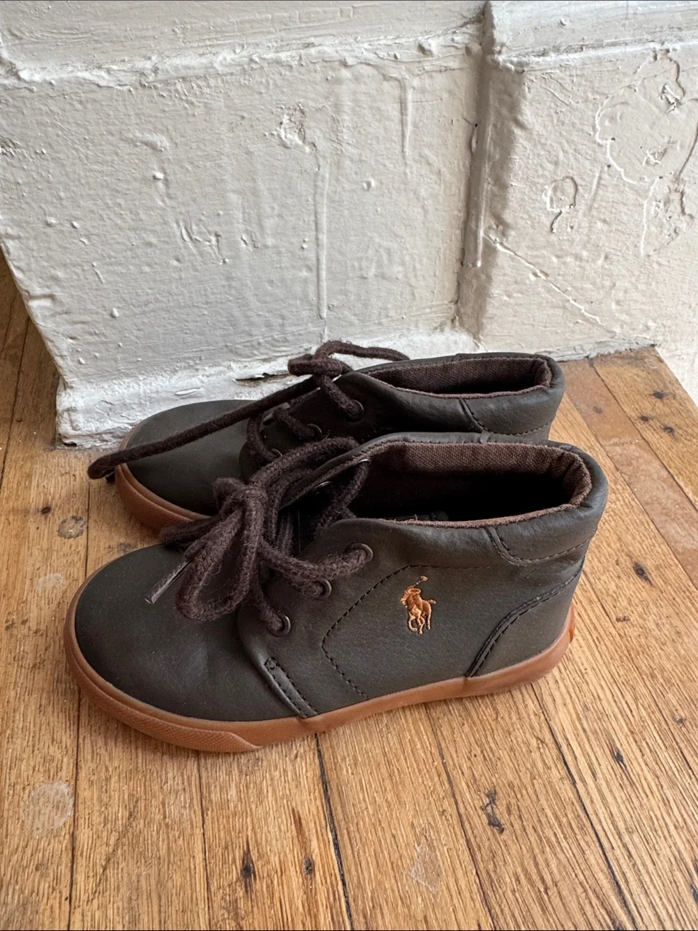Polo by Ralph Lauren Boys Dark Brown Leather Lace-Up Boots with Tan Sole